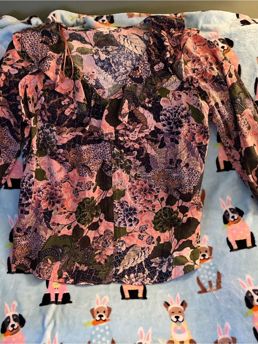 Floral Ruffled Front Top - Pink & Green